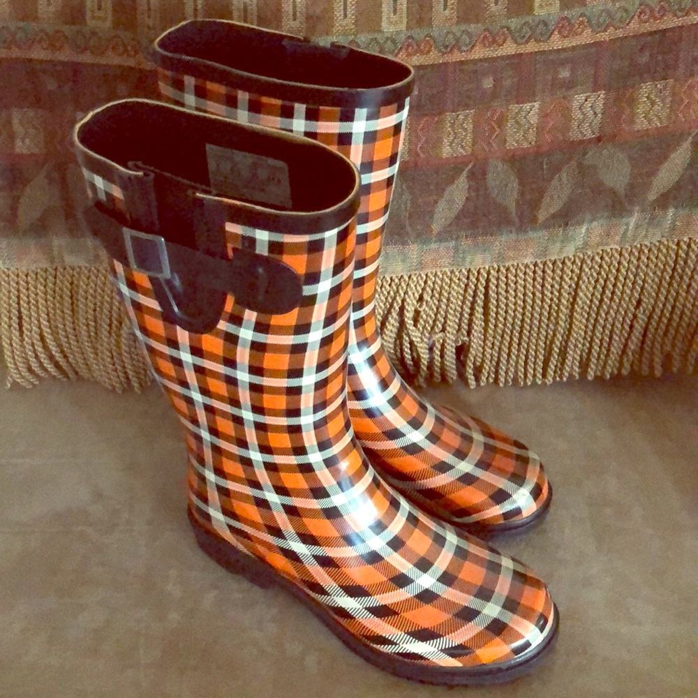 Oklahoma State Rainboots-Orange/black plaid